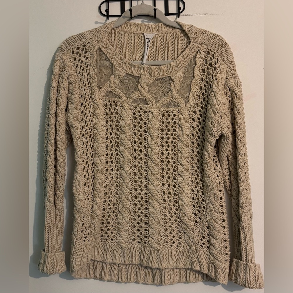 Anthropologie Future Paradise Womens Small Cream Lace Accent Open Weave Sweater